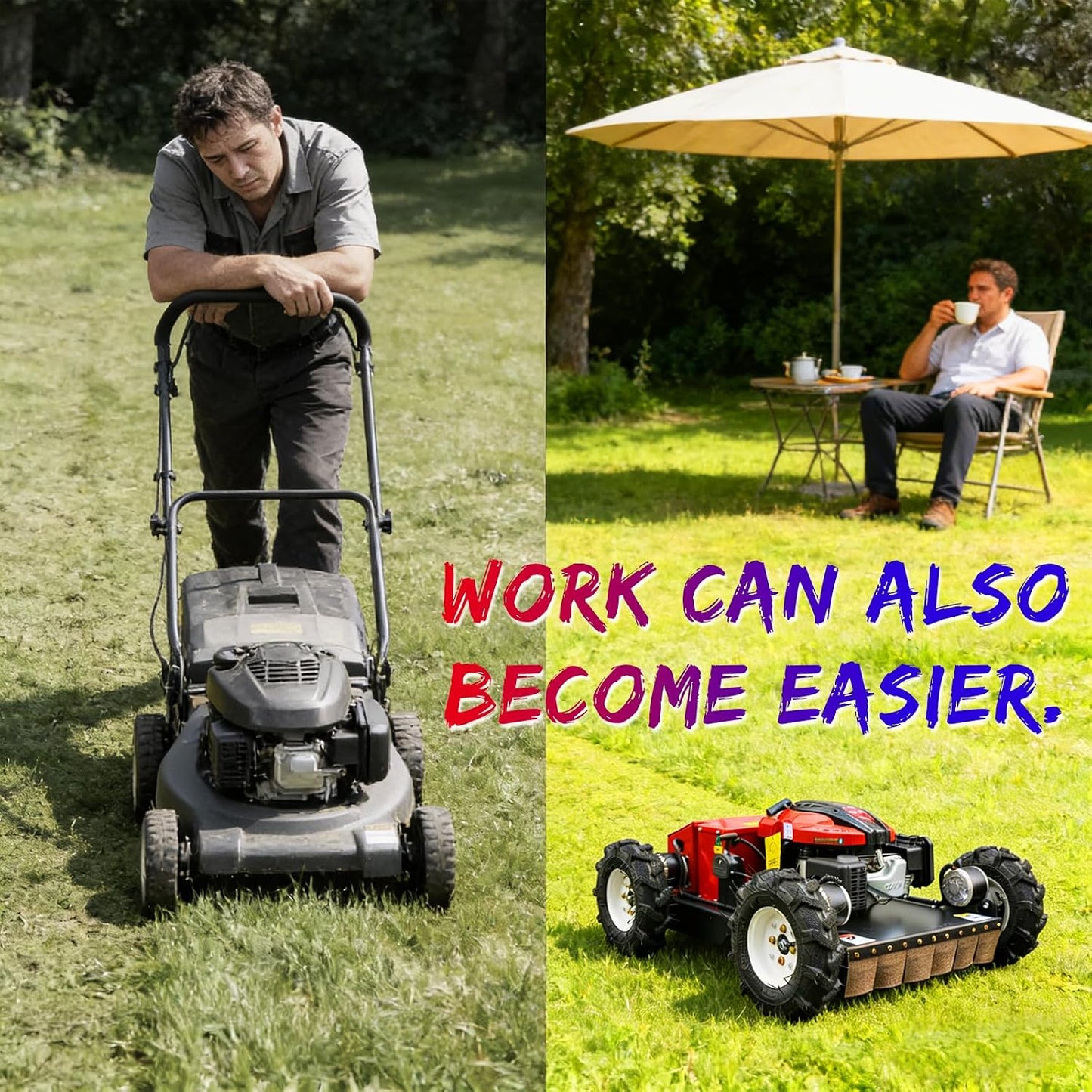 Remote-Controlled Robotic Lawnmower Features a 7.5-Horsepower Gasoline Engine, a Small Hybrid Four-Wheel Drive System, and Can Climb Slopes up to 30 Degrees. Suitable for Various Scenarios