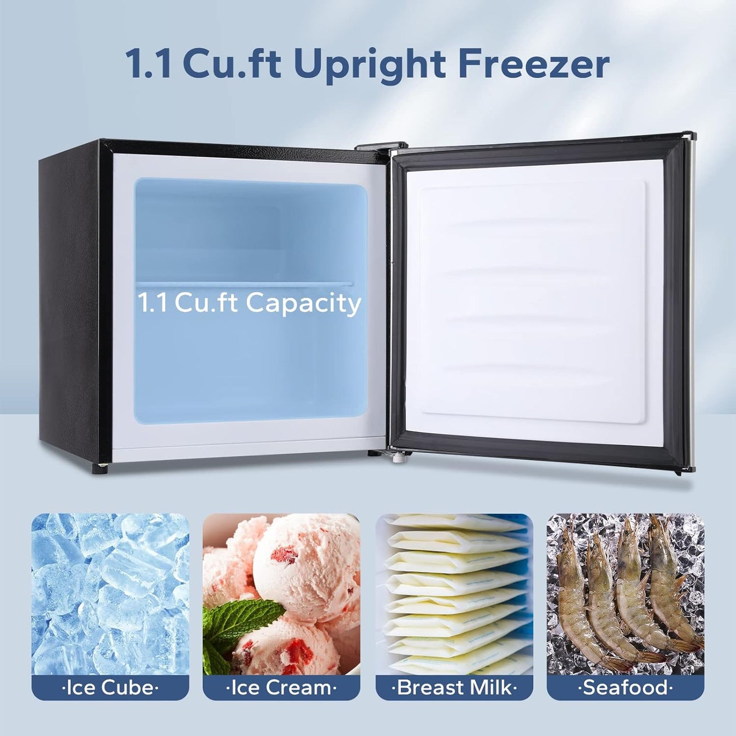 1.1 Cu.Ft Upright Mini Freezer for Dorms Apartment, Silver | Compact Freezer with Removable Shelf, Energy Saving Small Freezer Reversible Door, Low Noise for Bedroom