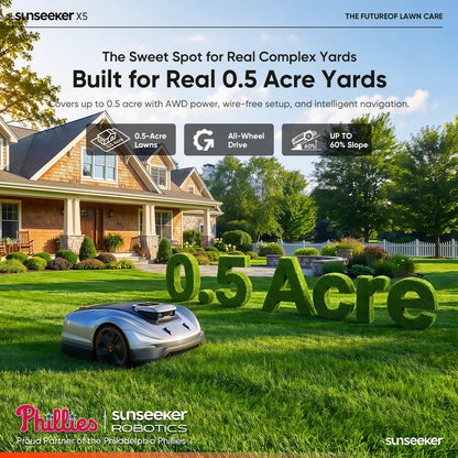 X5 AWD Robot Lawn Mower, RTK, Vision AI, 0.5 Acre, Wire-Free | Dependable AWD Mowing for Homeowners with Medium to Large Everyday Yards, Slopes and Uneven Ground.