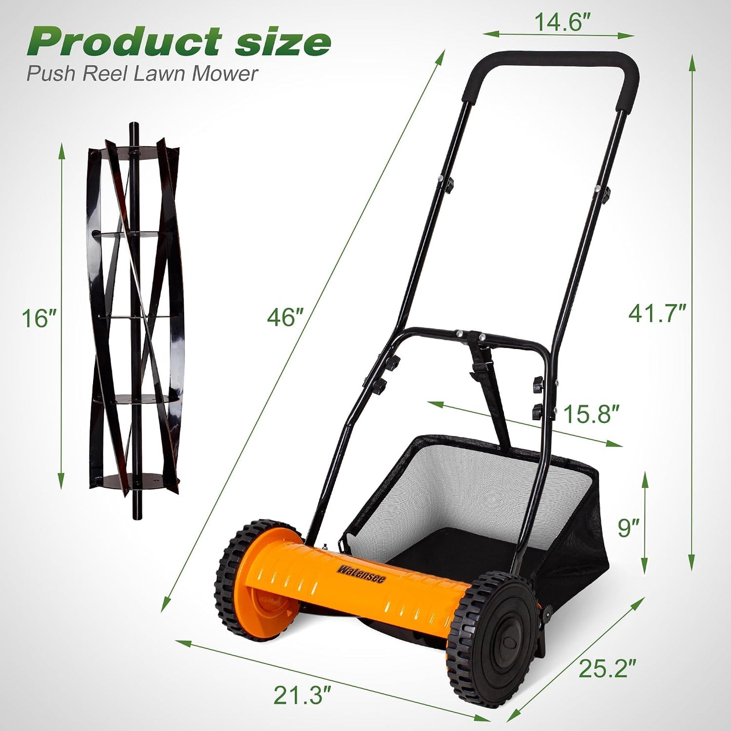 16-Inch 5-Blade Push Reel Lawn Mower, Cordless Manual Reel Lawn Mower Walk-Behind Steel Lawn Mowers with Removable 7.9-Gallon Grass Catcher, Sponge Grip, 4-Position Cutting Height Adjustment
