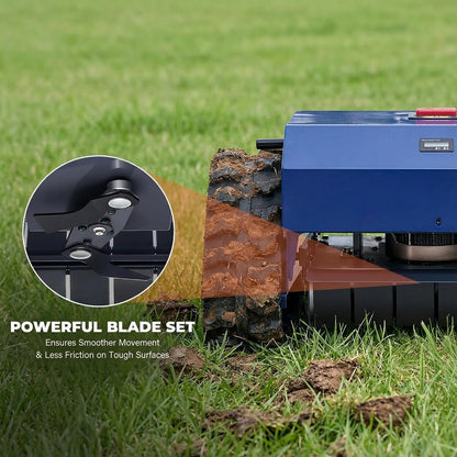 Remote Control Lawn Mower with Snow Plow Attachment–700M Range, Hybrid Gas-Electric Power, Track Design, All-Terrain, Adjustable Cutting Height (0.79-5.9 Inches)
