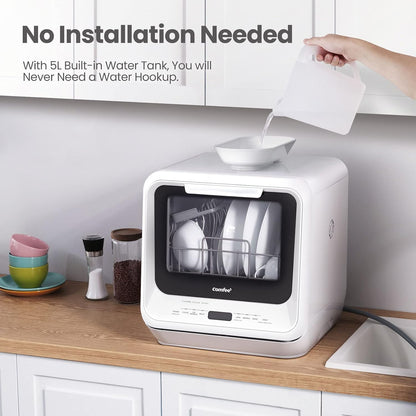 Portable Dishwasher Countertop with 5L Built-In Water Tank, No Hookup Needed, 6 Programs, 360° Dual Spray, 192℉ High-Temp& Air-Dry Function, Mini Dishwasher for Rvs, White | No Hookup Needed for Rvs, Dorm& Apartment High-Temp & Air-Dry, 360° Dual Spray, Compact & Energy Efficient, White