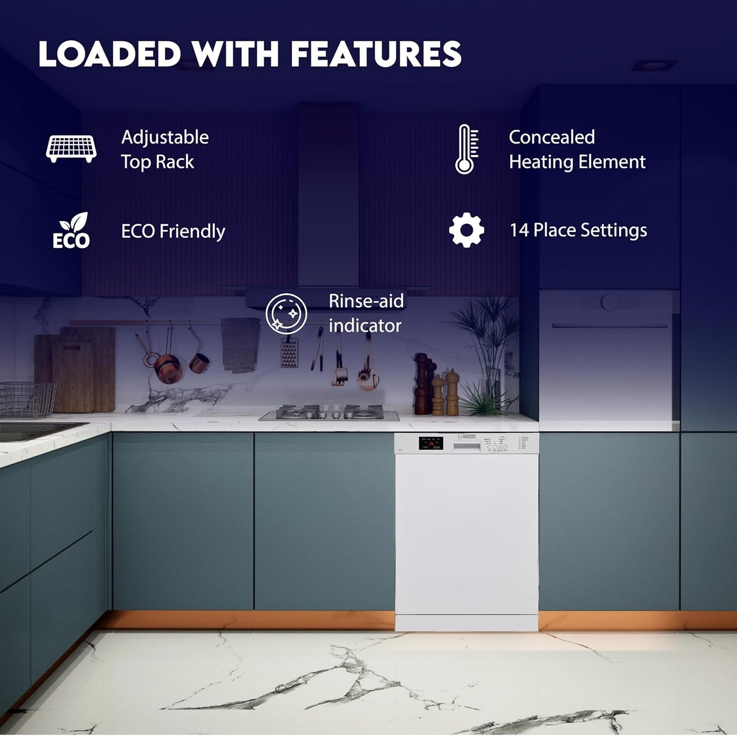 Equator 24-Inch Built-In Dishwasher, ADA Compliant Energy Star Stainless Steel Tub 14 Place Settings, 51 Db Quiet Operation, 8 Wash Programs, Wine Rack & 150°F Sanitize Cycle - White