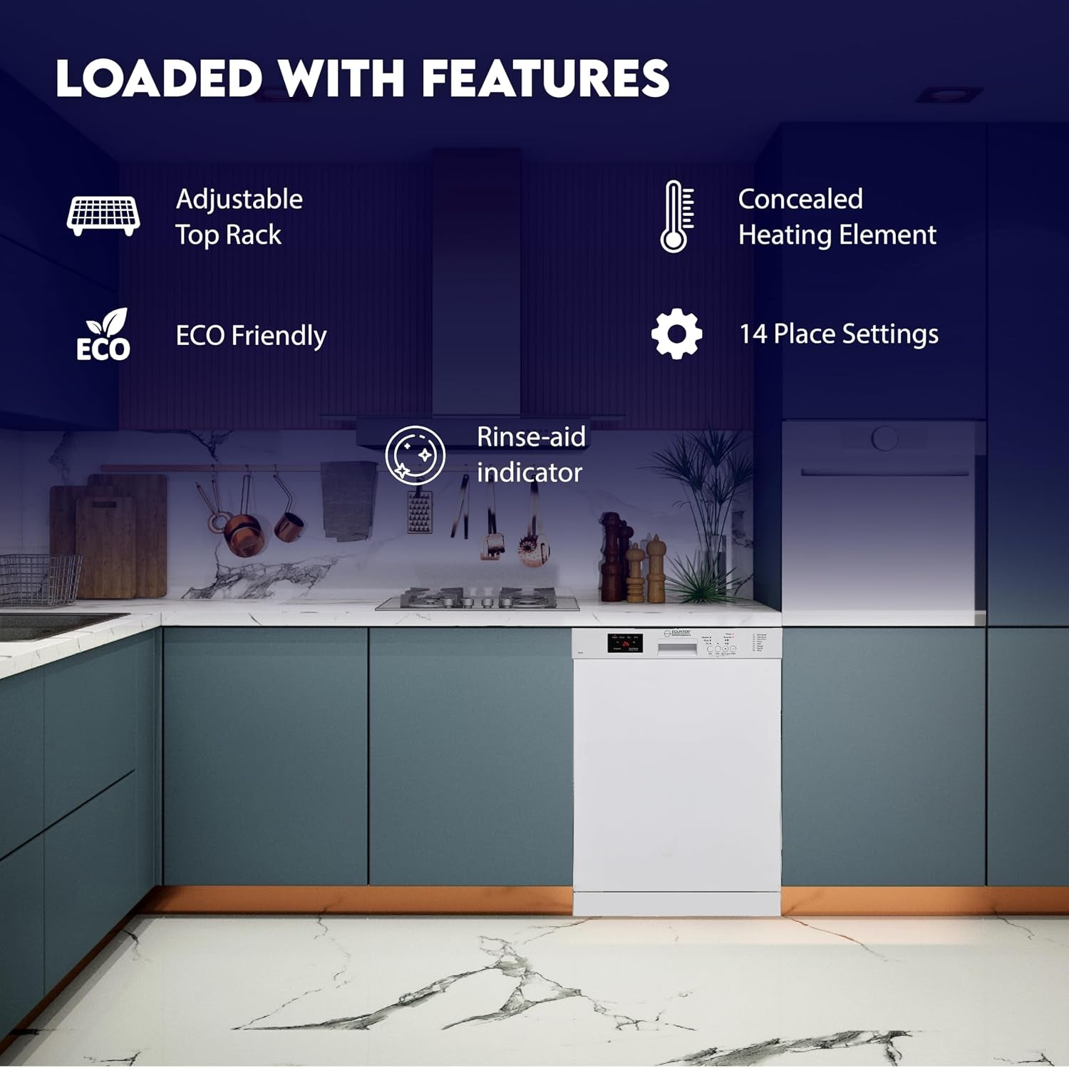 Equator 24-Inch Built-In Dishwasher, ADA Compliant Energy Star Stainless Steel Tub 14 Place Settings, 51 Db Quiet Operation, 8 Wash Programs, Wine Rack & 150°F Sanitize Cycle - White