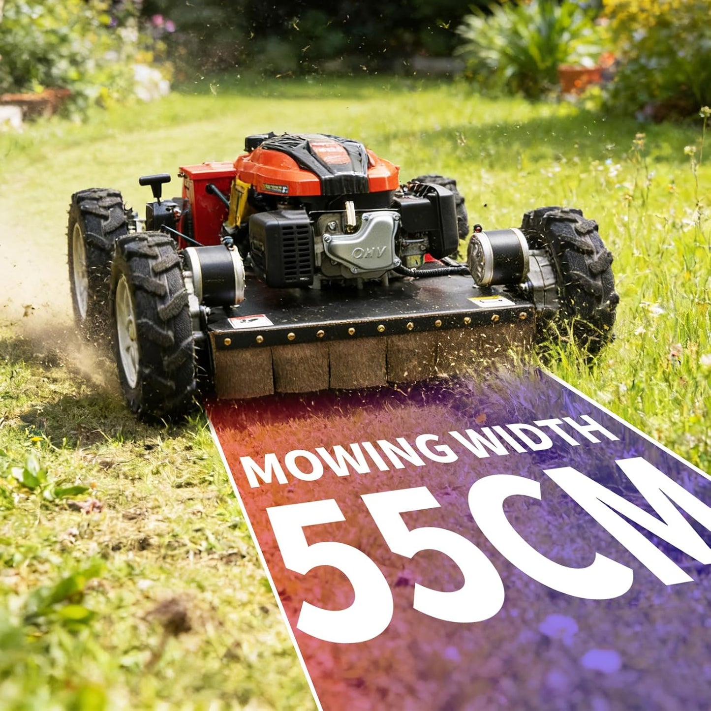 Remote-Controlled Robotic Lawnmower Features a 7.5-Horsepower Gasoline Engine, a Small Hybrid Four-Wheel Drive System, and Can Climb Slopes up to 30 Degrees. Suitable for Various Scenarios