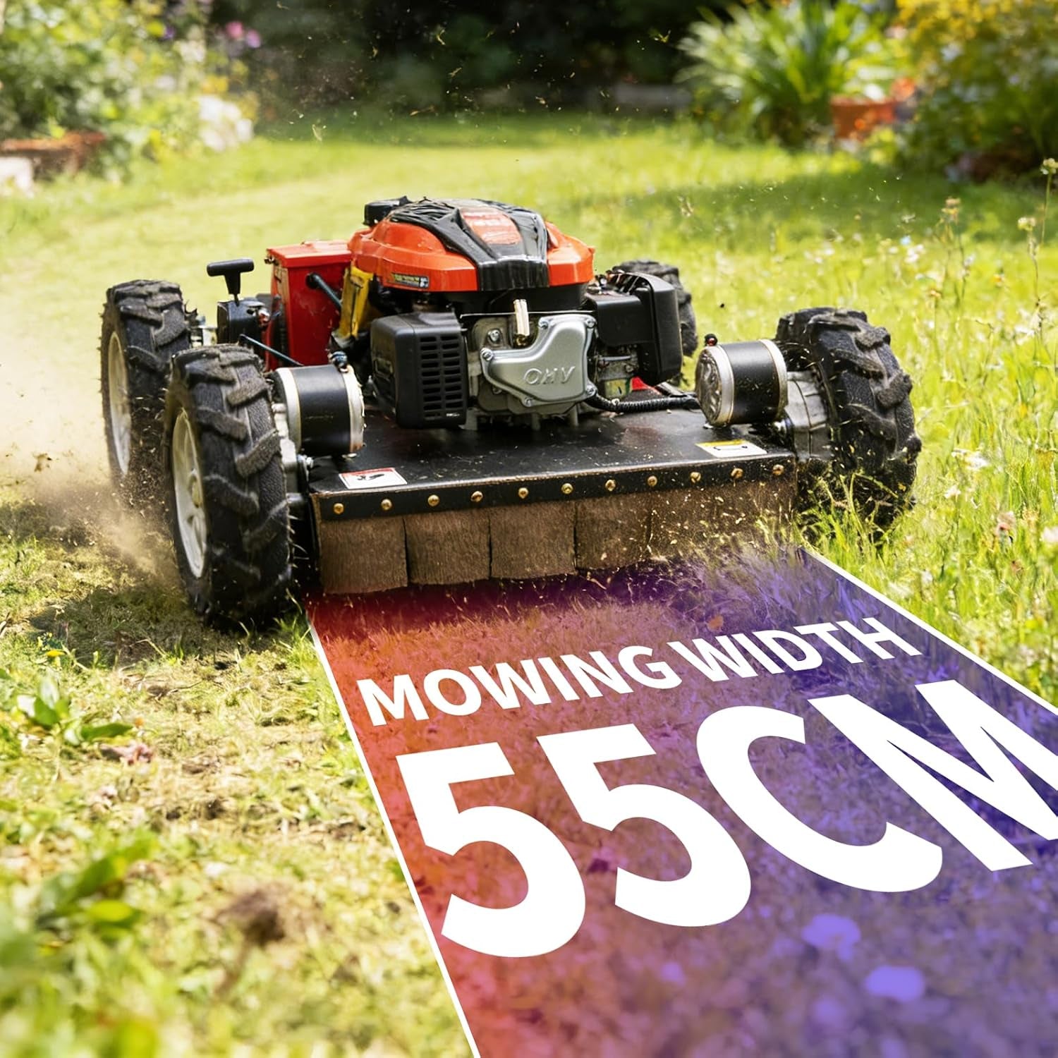 Remote-Controlled Robotic Lawnmower Features a 7.5-Horsepower Gasoline Engine, a Small Hybrid Four-Wheel Drive System, and Can Climb Slopes up to 30 Degrees. Suitable for Various Scenarios