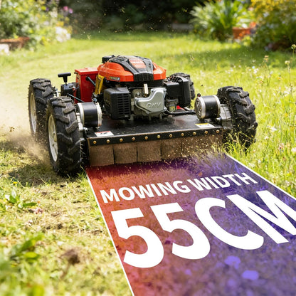 Remote-Controlled Robotic Lawnmower Features a 7.5-Horsepower Gasoline Engine, a Small Hybrid Four-Wheel Drive System, and Can Climb Slopes up to 30 Degrees. Suitable for Various Scenarios