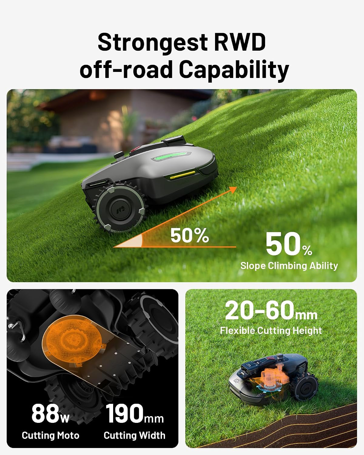 YUKA Mini 700 Robot Lawn Mower, Perimeter Wire Free, Recommended for 700 M², Maximum 1100 M², 3D AI Vision, 45% Slope Capability, Automatic Mapping