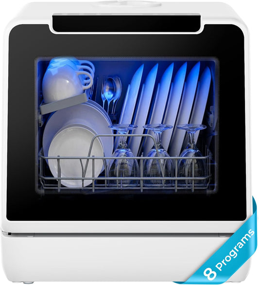 Countertop Dishwasher Portable, 8 Programs with 5L Tank, Black, 40Db | 360° Dual Spray Arms, 29-Min Quick Wash, 8-Program with Child Lock and Delay Mode, 167°F, 73H Ventilation, 40Db, Time-Saving