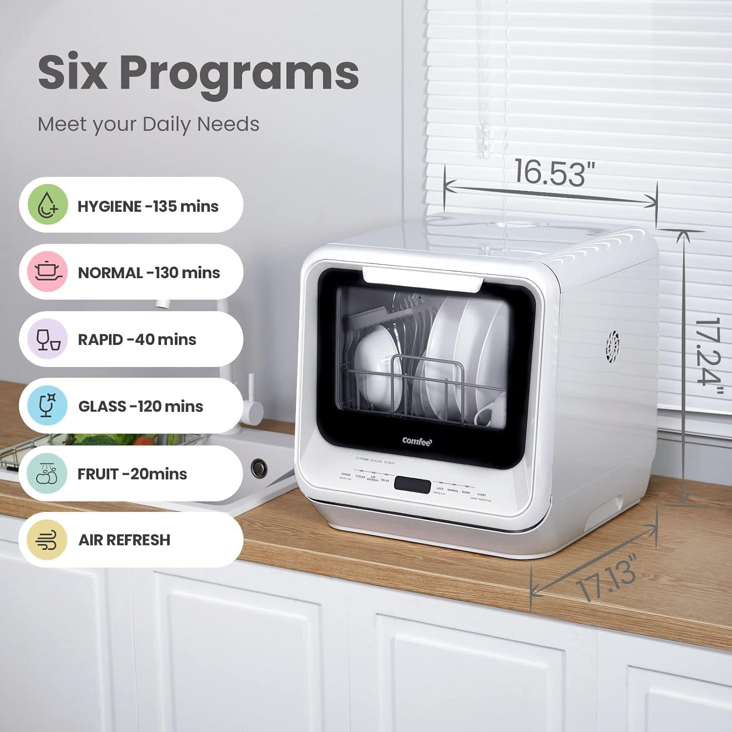 Portable Dishwasher Countertop with 5L Built-In Water Tank, No Hookup Needed, 6 Programs, 360° Dual Spray, 192℉ High-Temp& Air-Dry Function, Mini Dishwasher for Rvs, White | No Hookup Needed for Rvs, Dorm& Apartment High-Temp & Air-Dry, 360° Dual Spray, Compact & Energy Efficient, White