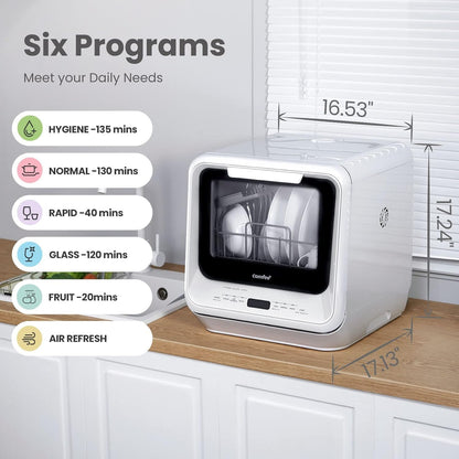 Portable Dishwasher Countertop with 5L Built-In Water Tank, No Hookup Needed, 6 Programs, 360° Dual Spray, 192℉ High-Temp& Air-Dry Function, Mini Dishwasher for Rvs, White | No Hookup Needed for Rvs, Dorm& Apartment High-Temp & Air-Dry, 360° Dual Spray, Compact & Energy Efficient, White