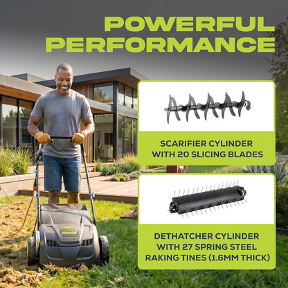 Electric Dethatcher & Scarifier, Corded, with 8-Gal Bag, AJ801E | 12.6-Inch Cutting Width, 12-Amp Motor - Heavy-Duty Yard Trimmer for Lawn Maintenance