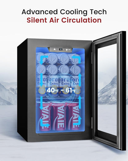 24 Can Beverage Refrigerator, Mini Fridge, Black | 40-61°F, Whisper-Quiet ≤38Db, Fast Even Cooling, Removable Shelf, for Soda, Beer, Wine. Fits Office, Dorm, Bedroom, Home Bar