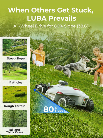 LUBA 2 AWD 5000 Robotic Lawnmower, Perimeter Wire Free for 1.25 Acre Lawn 80% Slope, APP Control with Virtual Boundaries, All-Wheel Drive, Multi-Zone Management…