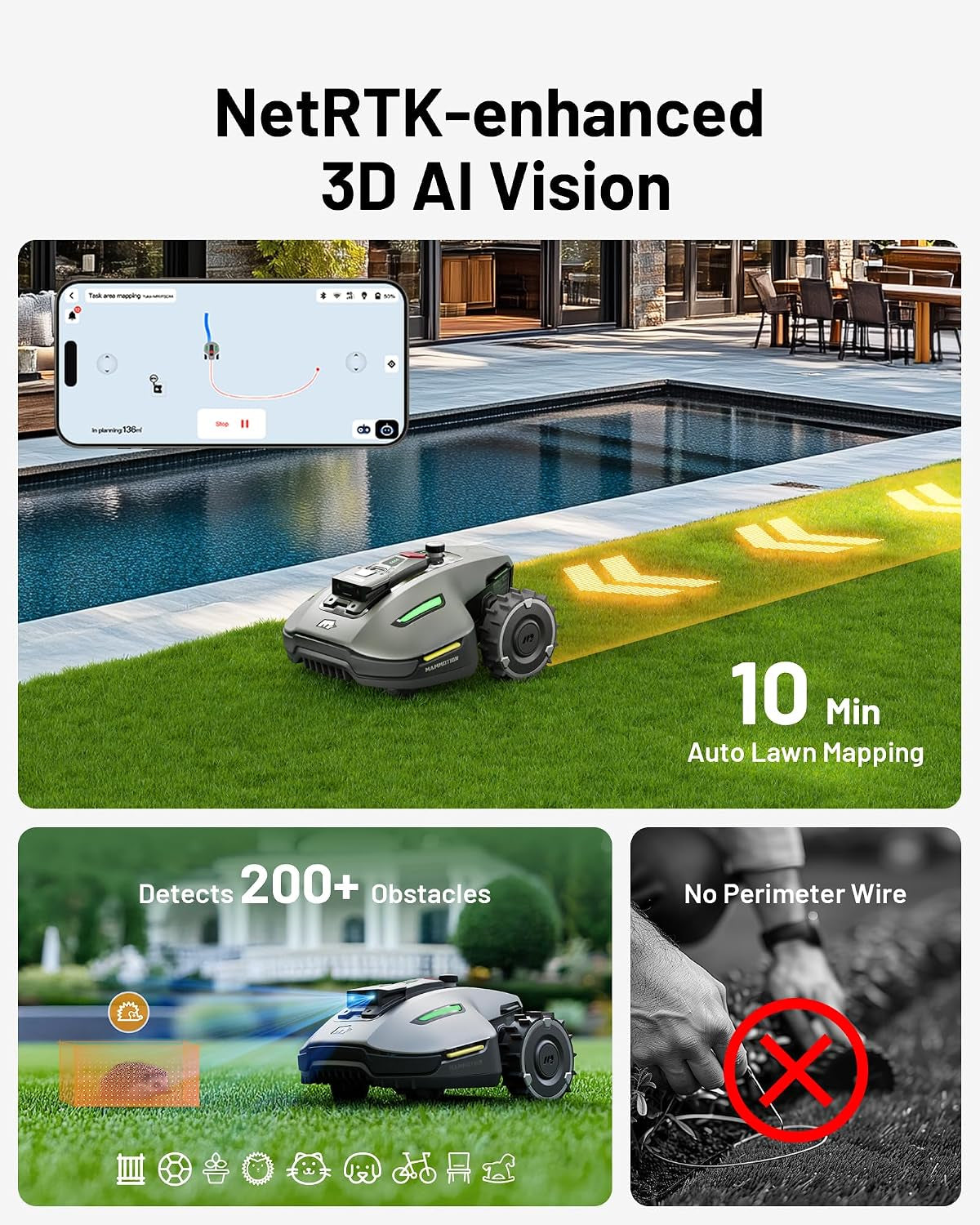 YUKA Mini 700 Robot Lawn Mower, Perimeter Wire Free, Recommended for 700 M², Maximum 1100 M², 3D AI Vision, 45% Slope Capability, Automatic Mapping, Equipped with 4G Module