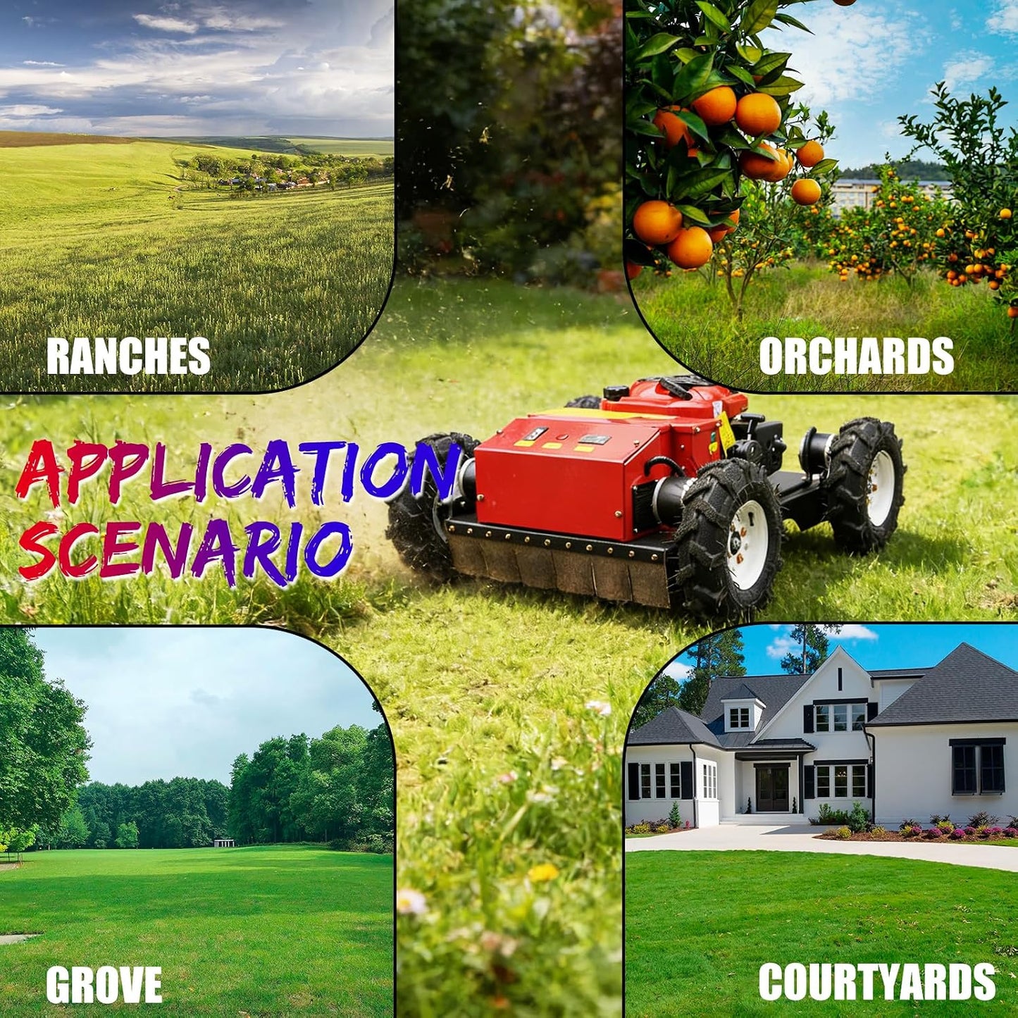 Remote-Controlled Robotic Lawnmower Features a 7.5-Horsepower Gasoline Engine, a Small Hybrid Four-Wheel Drive System, and Can Climb Slopes up to 30 Degrees. Suitable for Various Scenarios