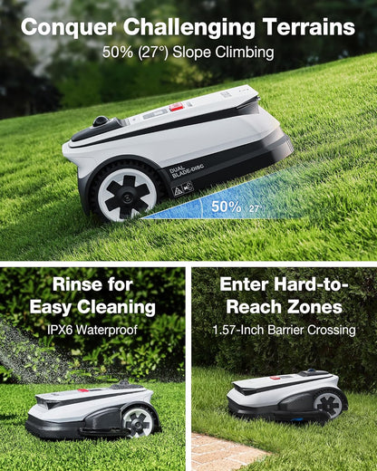 Goat A2000 Lidar PRO Cordless Robotic Lawn Mower up to 0.5 Acre with Dual-Lidar Automatic Mapping, Built-In Truedge Edger, AIVI 3D Obstacle Avoidance, Control