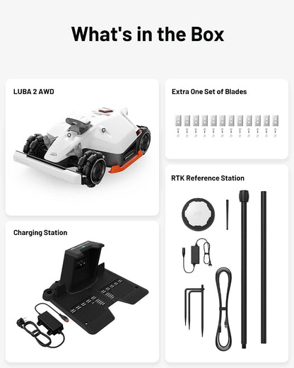 LUBA 2 AWD 3000X Robot Lawn Mower without Boundary, Recommended 3000 M², Max. 3600 M², Auto Mapping Ultrasense AI Vision, 0% Gradient, 25-70 Mm Cutting Height