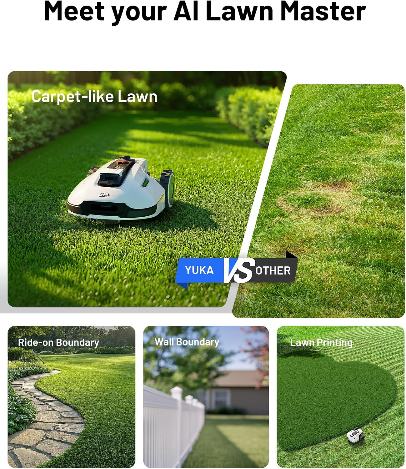 YUKA 2000 Robot Lawn Mower, Perimeter Wire Free, Recommended 2000 M², Max.2400 M², Equipped with ​Ultrasense AI Vision, Handles ​45% Slopes, Cutting Heights 20-90Mm, Automatic Mapping