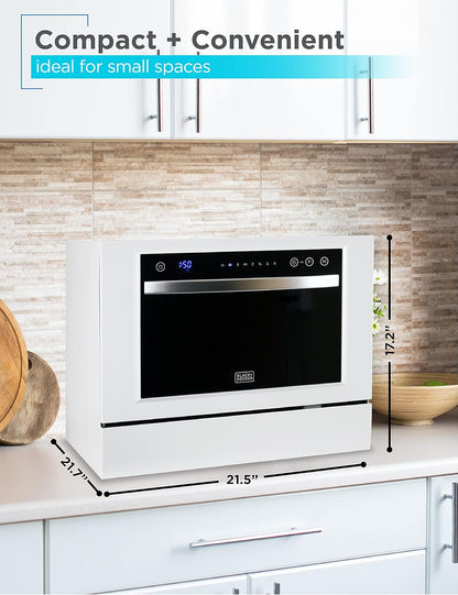 BLACK+DECKER Countertop Dishwasher, Energy Star Certified, BCD6W, White | Counter Dish Washer with 7 Wash Programs, 6-Place Setting Capacity, 24-Hour Delayed Start
