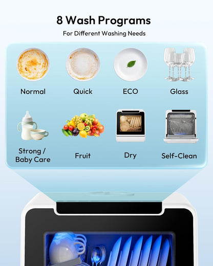 Countertop Dishwasher Portable, 8 Programs with 5L Tank, Black, 40Db | 360° Dual Spray Arms, 29-Min Quick Wash, 8-Program with Child Lock and Delay Mode, 167°F, 73H Ventilation, 40Db, Time-Saving