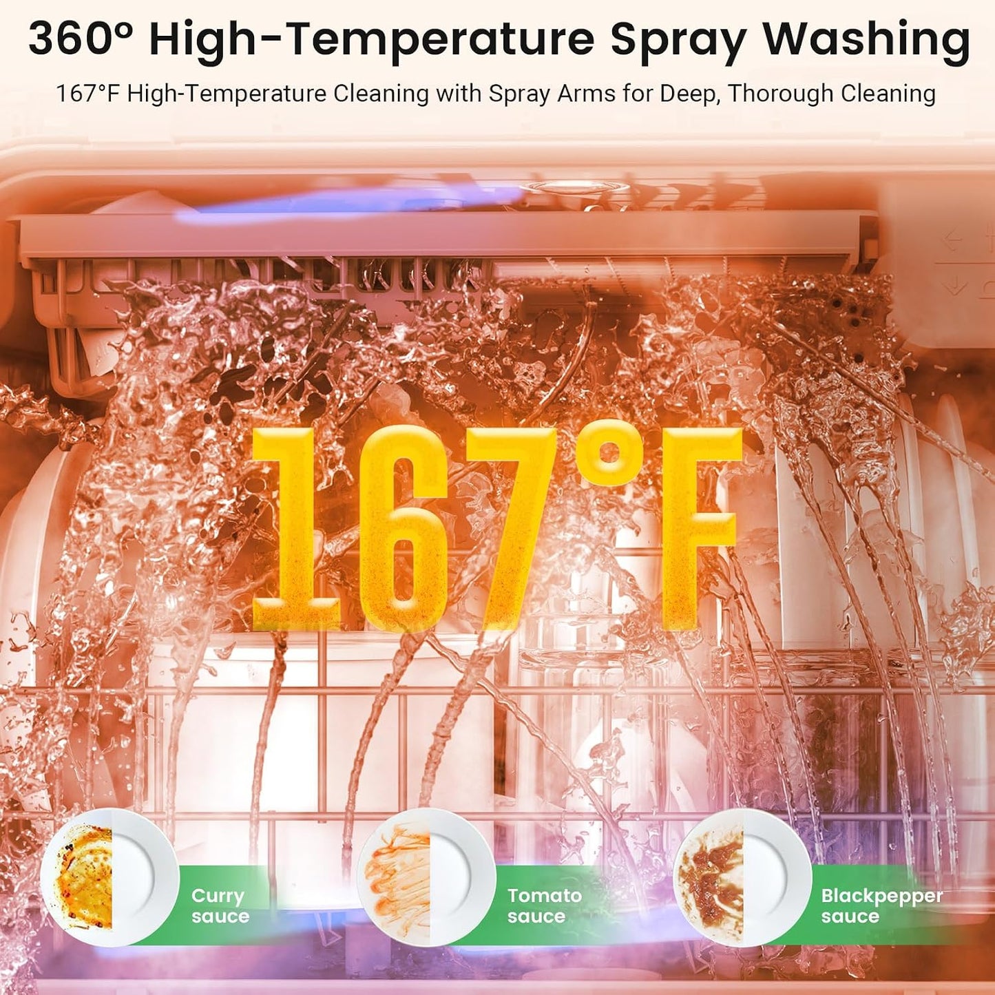 Countertop Portable Dishwasher, 9 Programs, 167℉ High-Temp, 360° 3 Spray, 24H Timing, Hot Air Drying, Air Refresh, Baby-Care, LED Light, 5.2L Built-In Water Tank for Apartments Rvs