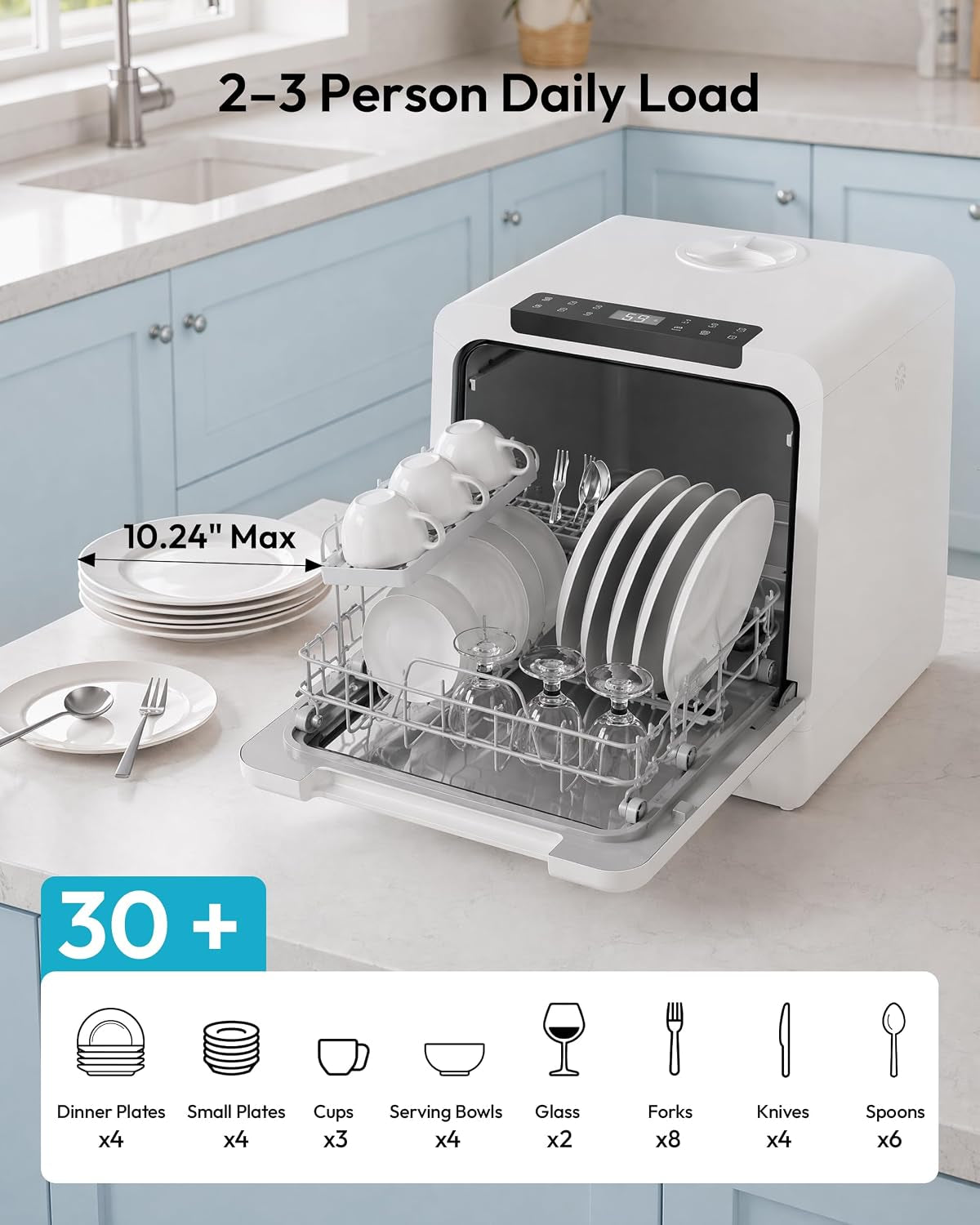 Countertop Dishwasher Portable, 8 Programs with 5L Tank, Black, 40Db | 360° Dual Spray Arms, 29-Min Quick Wash, 8-Program with Child Lock and Delay Mode, 167°F, 73H Ventilation, 40Db, Time-Saving