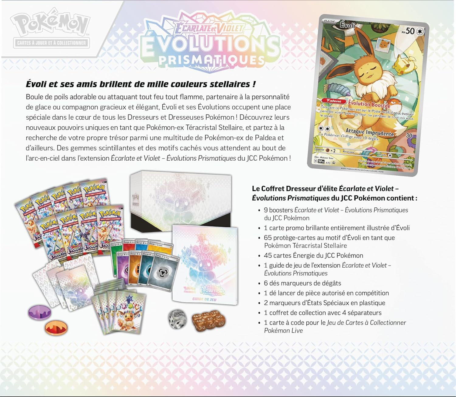 : Scarlet & Purple Elite Trainer Set - Prismatic Evolutions of the  TCG (1 Fully Illustrated Promo Card, 9 Booster Packs & Premium Game Accessories)