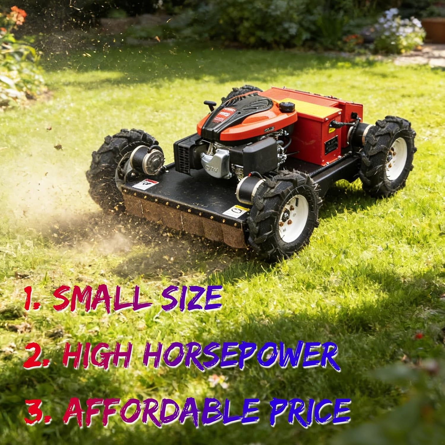 Remote-Controlled Robotic Lawnmower Features a 7.5-Horsepower Gasoline Engine, a Small Hybrid Four-Wheel Drive System, and Can Climb Slopes up to 30 Degrees. Suitable for Various Scenarios