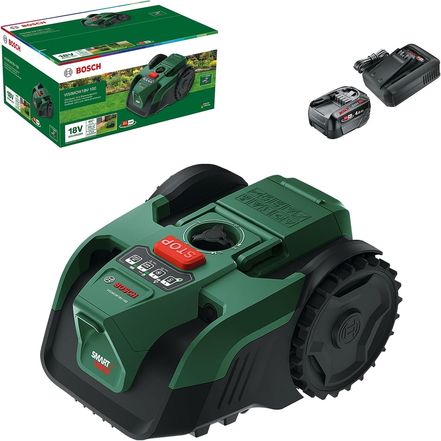 Cordless Robot Lawn Mower VISIMOW18V-100 (For Lawns up to 100 M², Cutting Width: 16 Cm, Height of Cut: 20-60 Mm, Incl Battery and Charger)