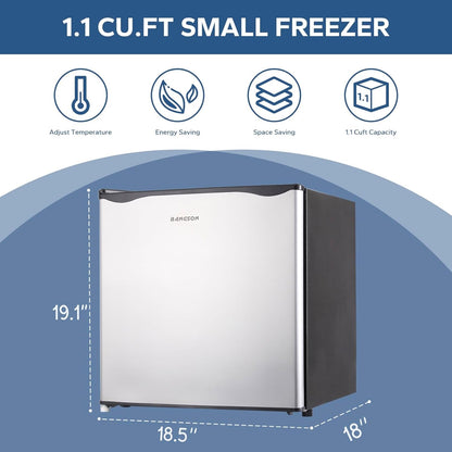 1.1 Cu.Ft Upright Mini Freezer for Dorms Apartment, Silver | Compact Freezer with Removable Shelf, Energy Saving Small Freezer Reversible Door, Low Noise for Bedroom
