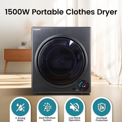 Portable Dryer 3.0 Cu.Ft, 1500W Compact Dryer with Stainless Steel Tub, 4 Drying Mode, Overheat Protection, Apartment, Dorms, Rvs, Black