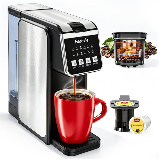 Single Serve Coffee Maker with Built-In Grinder, Fast Brew 6-16Oz Single Cup for Whole Beans, Grounds, K Pod, Grind and Brew Coffee Maker with 47Oz Water Tank, Descaling Alert, Black