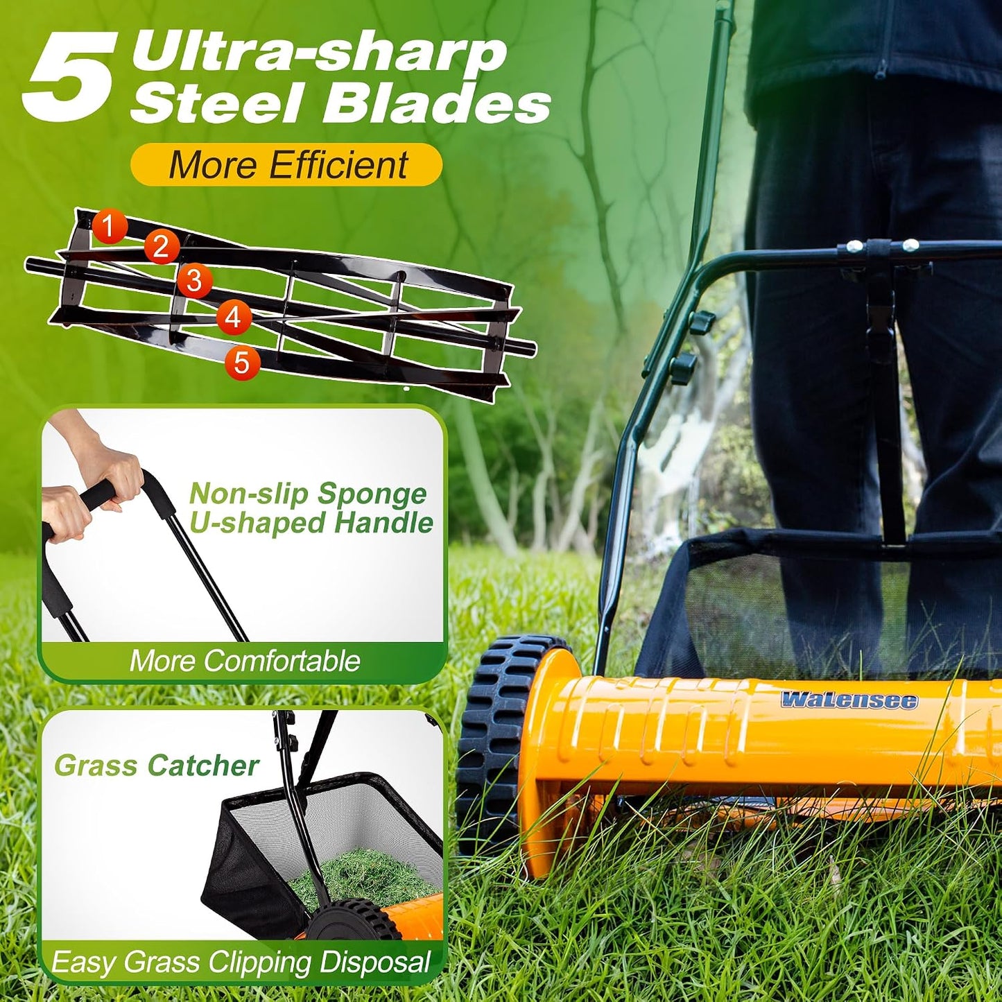 16-Inch 5-Blade Push Reel Lawn Mower, Cordless Manual Reel Lawn Mower Walk-Behind Steel Lawn Mowers with Removable 7.9-Gallon Grass Catcher, Sponge Grip, 4-Position Cutting Height Adjustment