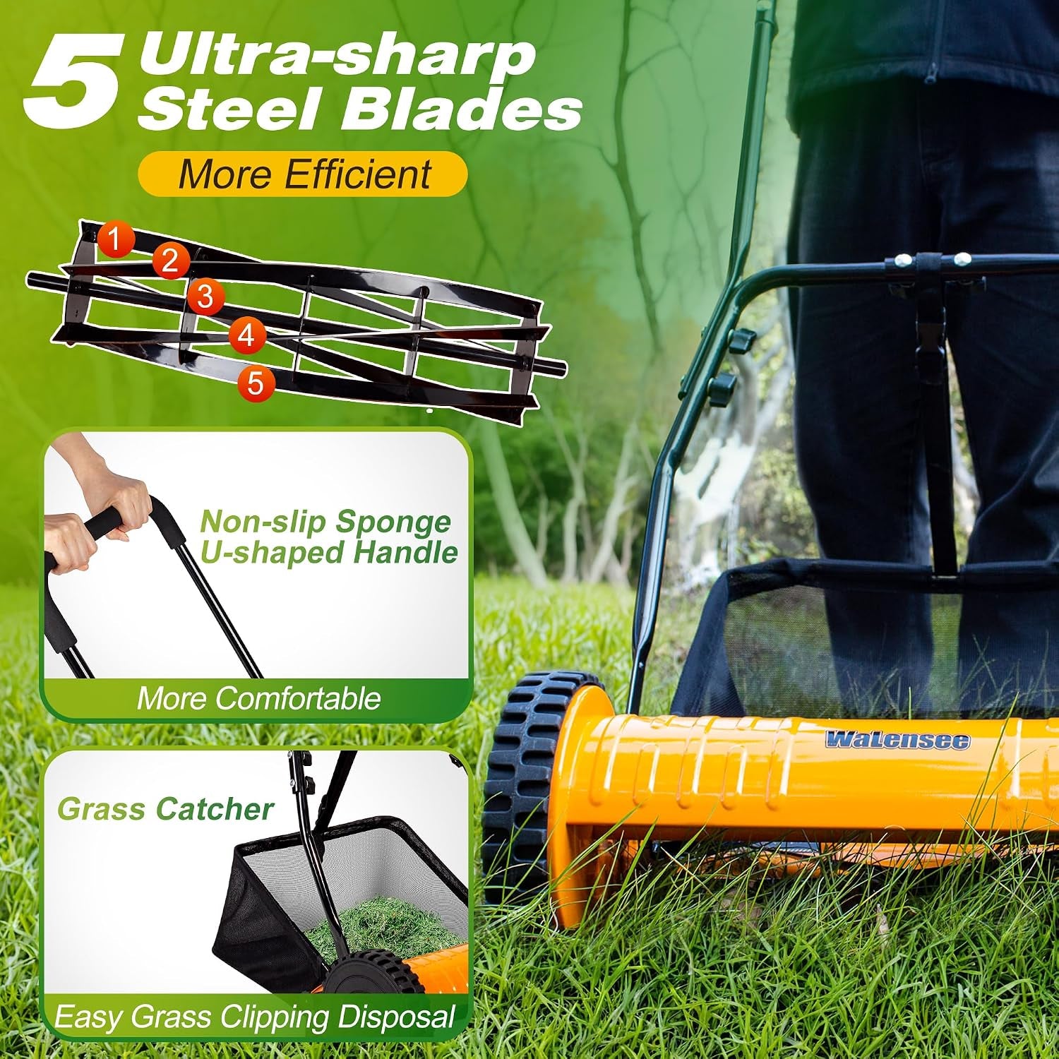16-Inch 5-Blade Push Reel Lawn Mower, Cordless Manual Reel Lawn Mower Walk-Behind Steel Lawn Mowers with Removable 7.9-Gallon Grass Catcher, Sponge Grip, 4-Position Cutting Height Adjustment