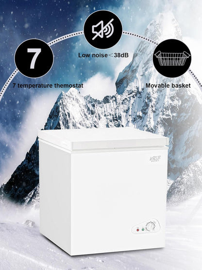 Chest Freezer Adjustable Thermostat Compact with Removable Storage Basket for House Kitchen Garage Basement (5.0 Cu.Ft, White)