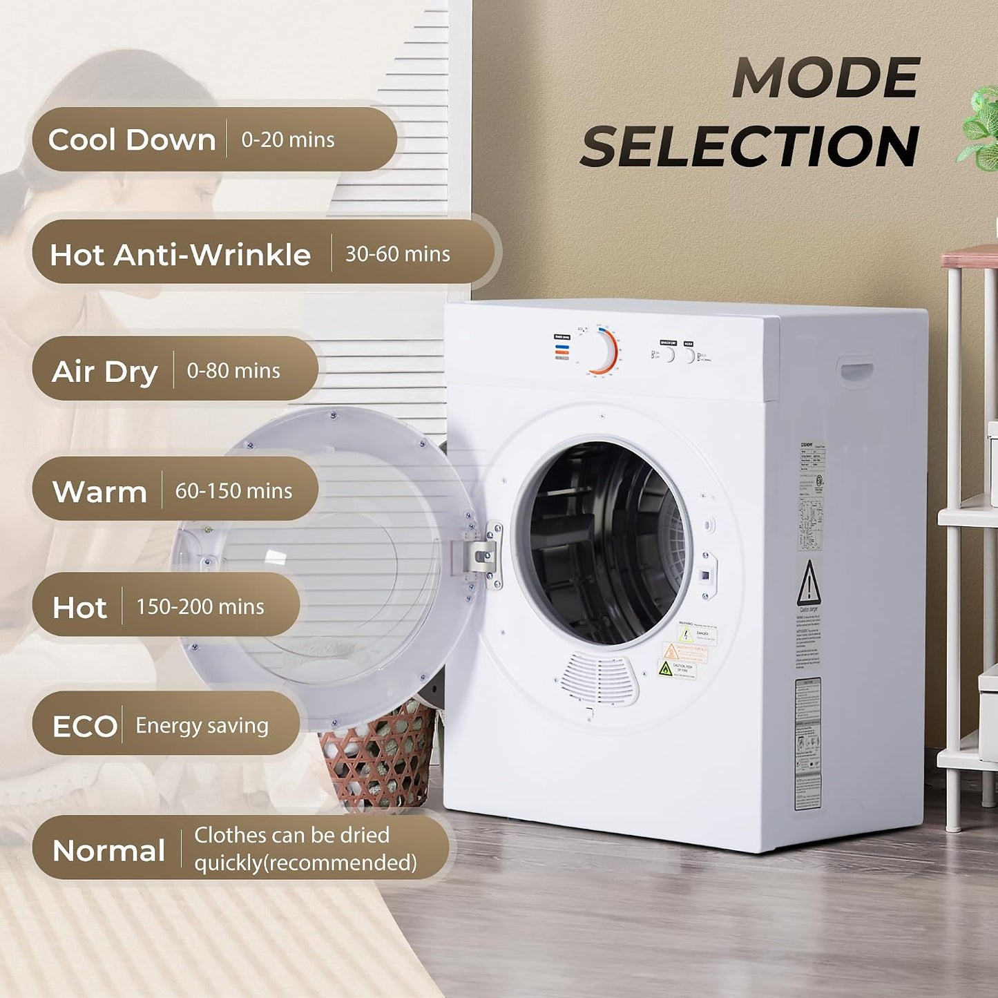 1.8 Cu.Ft Portable Clothes Dryer 1020W Compact Laundry Drying | Durable Stainless Steel Drum, 7 Drying Modes with ECO Energy Saving, Wall-Mountable Space-Saver for Apartments & Rvs