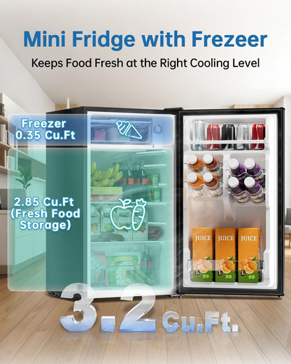 3.2 Cu Ft Mini Fridge with Freezer, Single Door Upright Freezer | Energy Efficient, Large Capacity, Reversible Door, ETL Certified, Small Refrigerator for Bedroom, Office & Dorm, Black