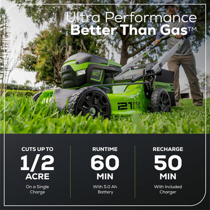 Greenworks 60V 21 in Push Lawn Mower, 5.0 Ah Battery and Charger