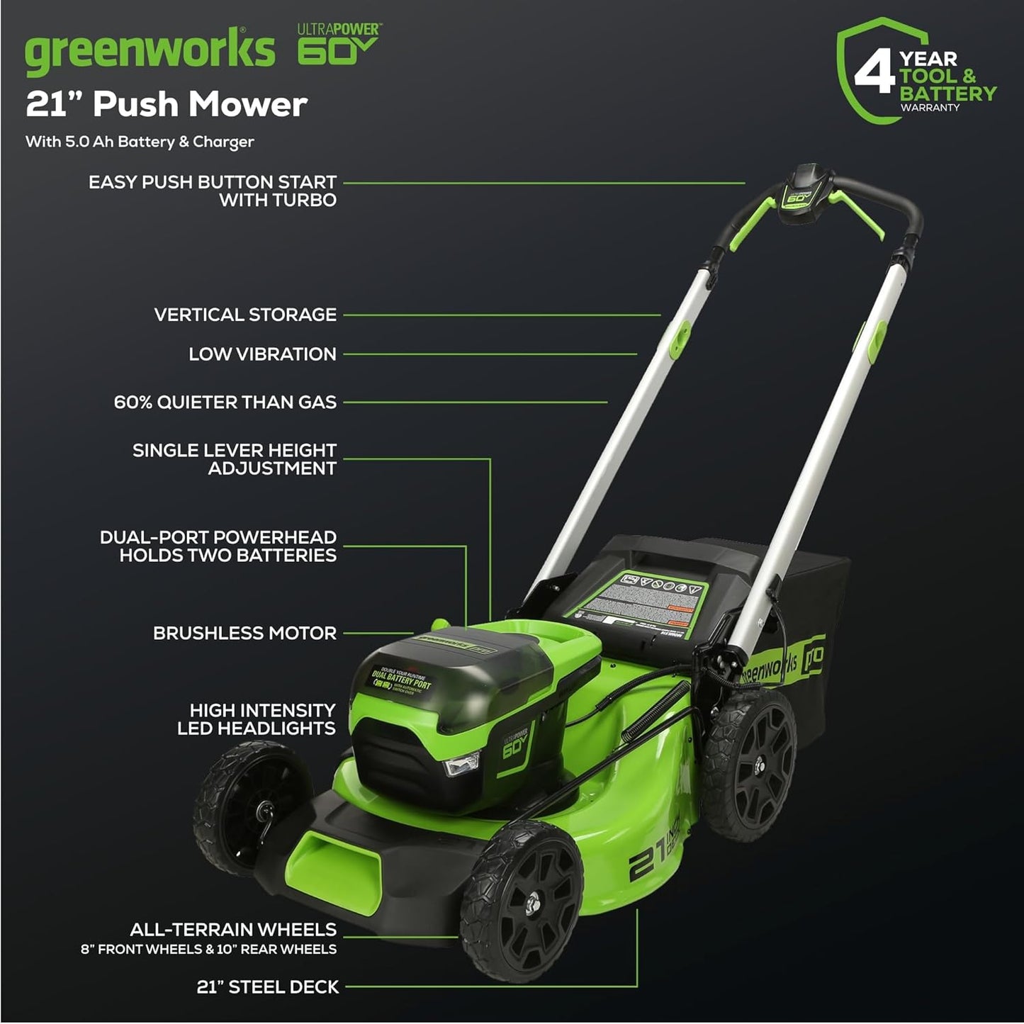 Greenworks 60V 21 in Push Lawn Mower, 5.0 Ah Battery and Charger