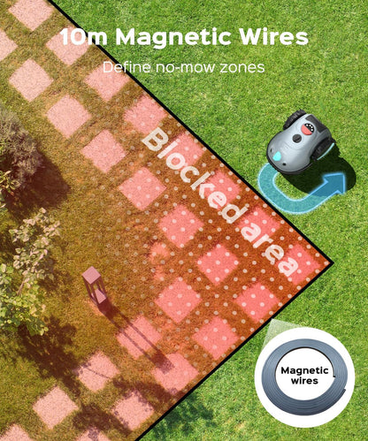 V100 Robot Lawnmower without Boundary, with Vision Navigation, Obstacle Detection（150 Types）, Robotic Lawnmower with Magnetic Wires, 4Ah Battery, Max. 150 M², Replacement Blades, Spot Mow