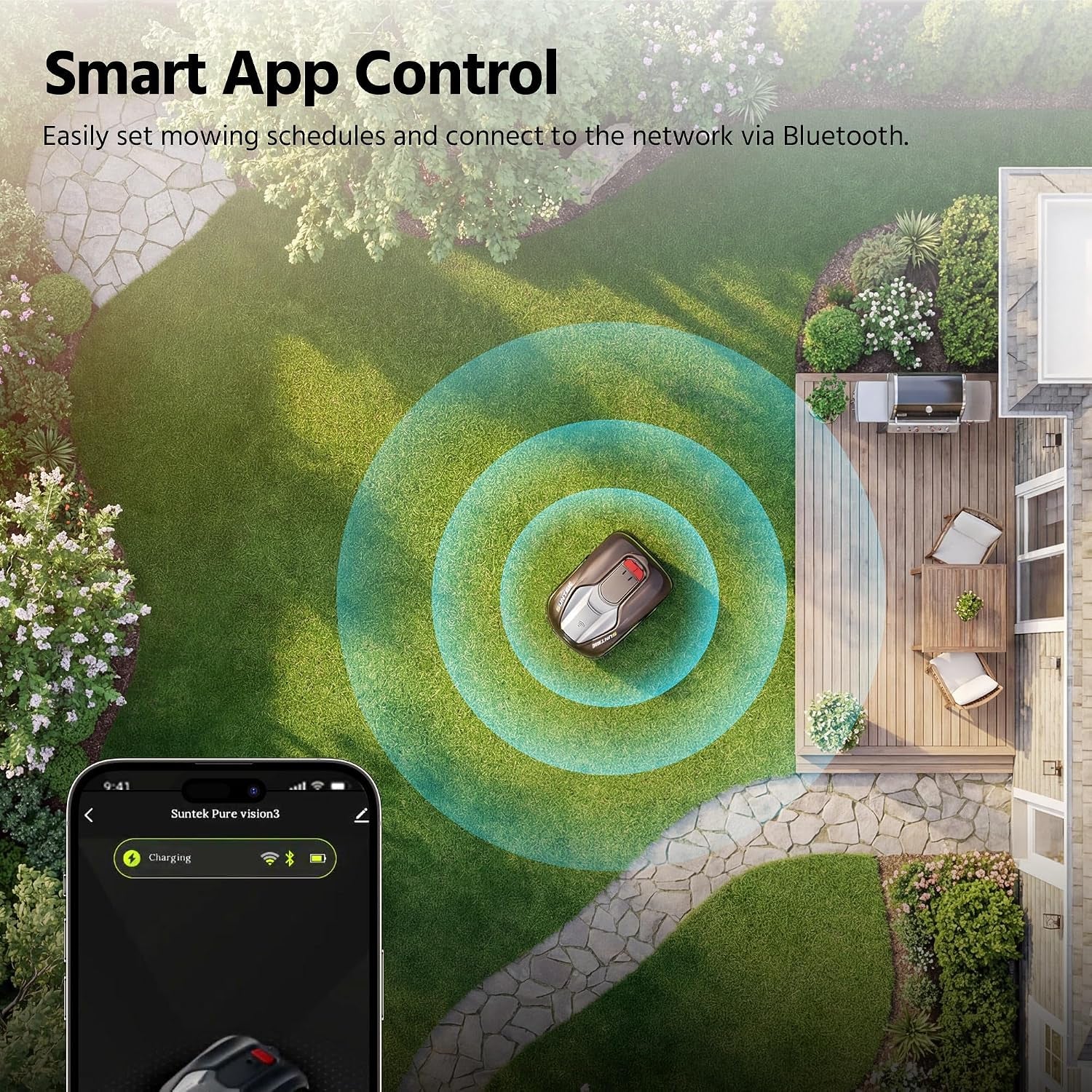 Robot Lawn Mower without Boundary, AI Pure Vision Robotic Mower with Auto Mapping, Slope up to 35°, IPX5 Waterproof Rating, Automatic Mapping, APP Control for Lawns up to 250 M²