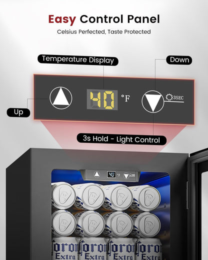 24 Can Beverage Refrigerator, Mini Fridge, Black | 40-61°F, Whisper-Quiet ≤38Db, Fast Even Cooling, Removable Shelf, for Soda, Beer, Wine. Fits Office, Dorm, Bedroom, Home Bar