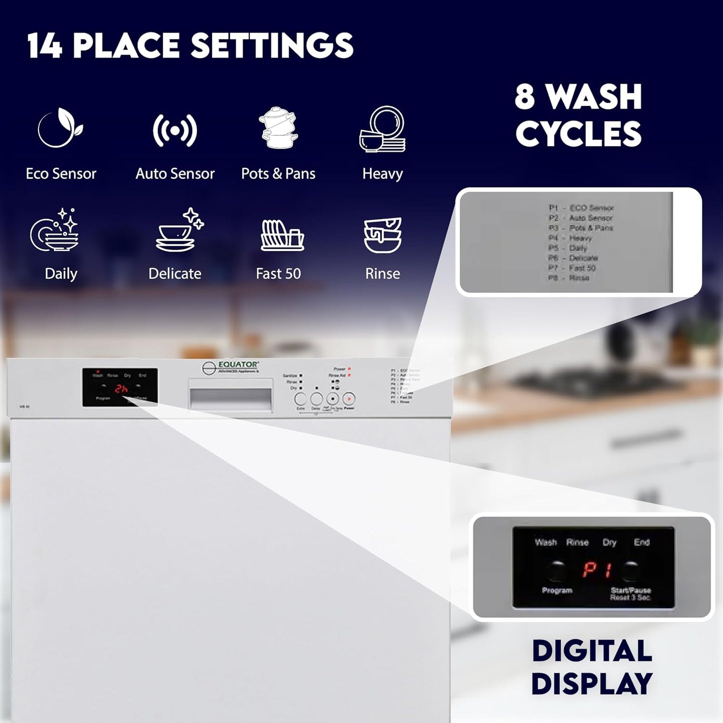 Equator 24-Inch Built-In Dishwasher, ADA Compliant Energy Star Stainless Steel Tub 14 Place Settings, 51 Db Quiet Operation, 8 Wash Programs, Wine Rack & 150°F Sanitize Cycle - White