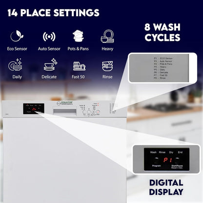 Equator 24-Inch Built-In Dishwasher, ADA Compliant Energy Star Stainless Steel Tub 14 Place Settings, 51 Db Quiet Operation, 8 Wash Programs, Wine Rack & 150°F Sanitize Cycle - White