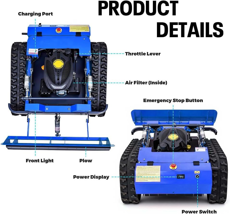 Remote Control Lawn Mower with Snow Plow Attachment–700M Range, Hybrid Gas-Electric Power, Track Design, All-Terrain, Adjustable Cutting Height (0.79-5.9 Inches)