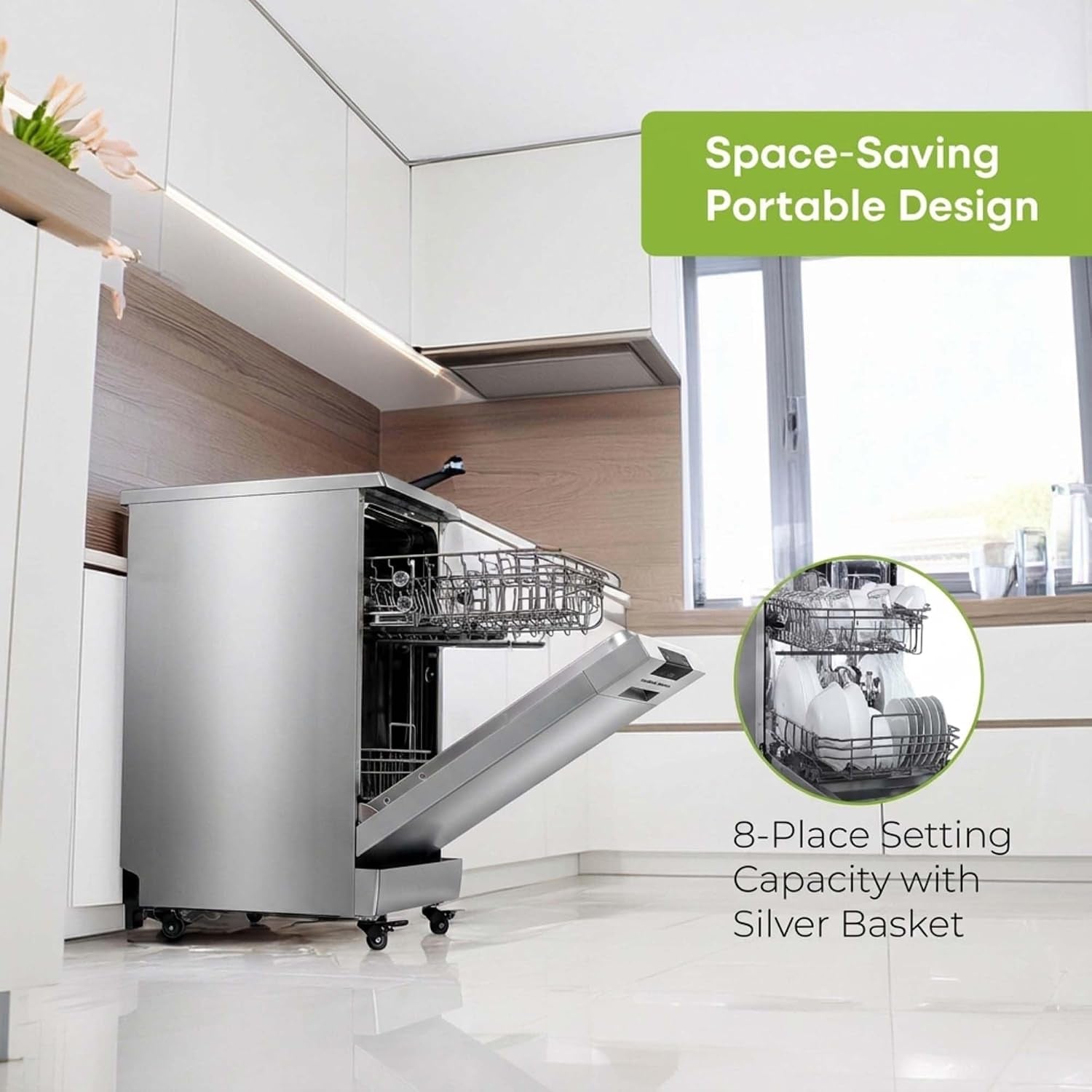 Portable Dishwasher, Ss/Platinum | Dishwasher with Wheels, 19In Wide, 8 Place Settings Capacity