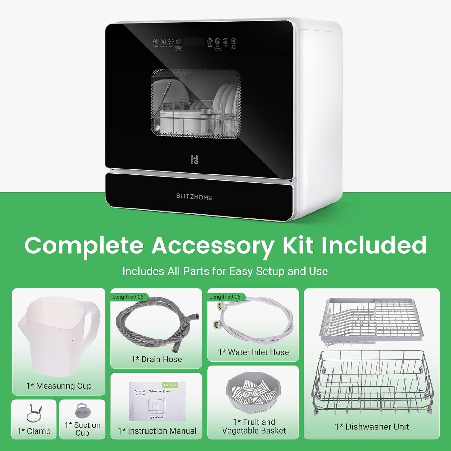 Countertop Portable Dishwasher, 9 Programs, 167℉ High-Temp, 360° 3 Spray, 24H Timing, Hot Air Drying, Air Refresh, Baby-Care, LED Light, 5.2L Built-In Water Tank for Apartments Rvs