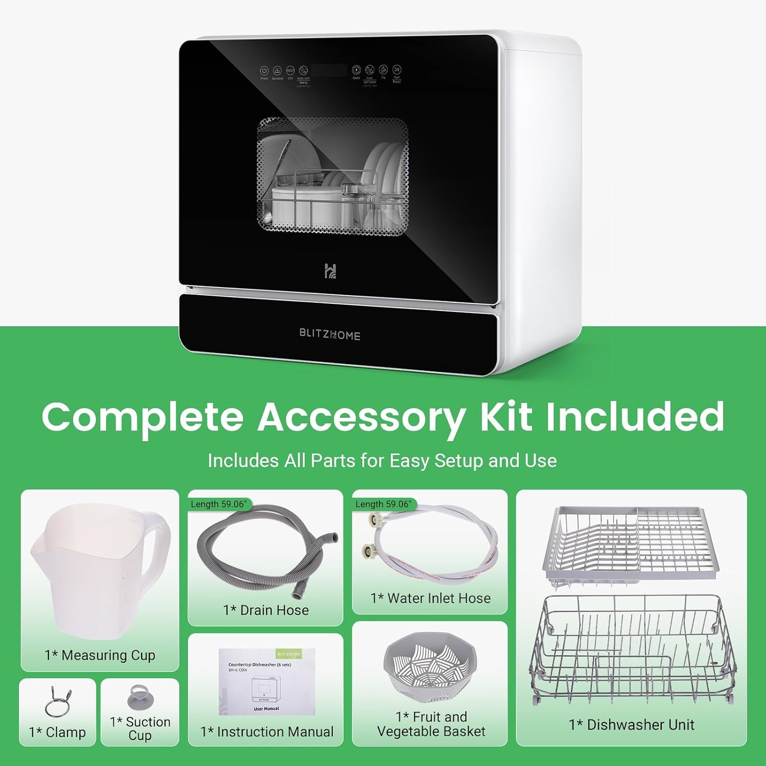 Countertop Portable Dishwasher, 9 Programs, 167℉ High-Temp, 360° 3 Spray, 24H Timing, Hot Air Drying, Air Refresh, Baby-Care, LED Light, 5.2L Built-In Water Tank for Apartments Rvs