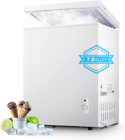 7.0 Cu.Ft Compact Deep Freezer, Energy Saving Chest Freezer, White | 7 Level Adjustable Thermostat, Small Freestanding Freezer with Removable Basket for Home Apartment Office